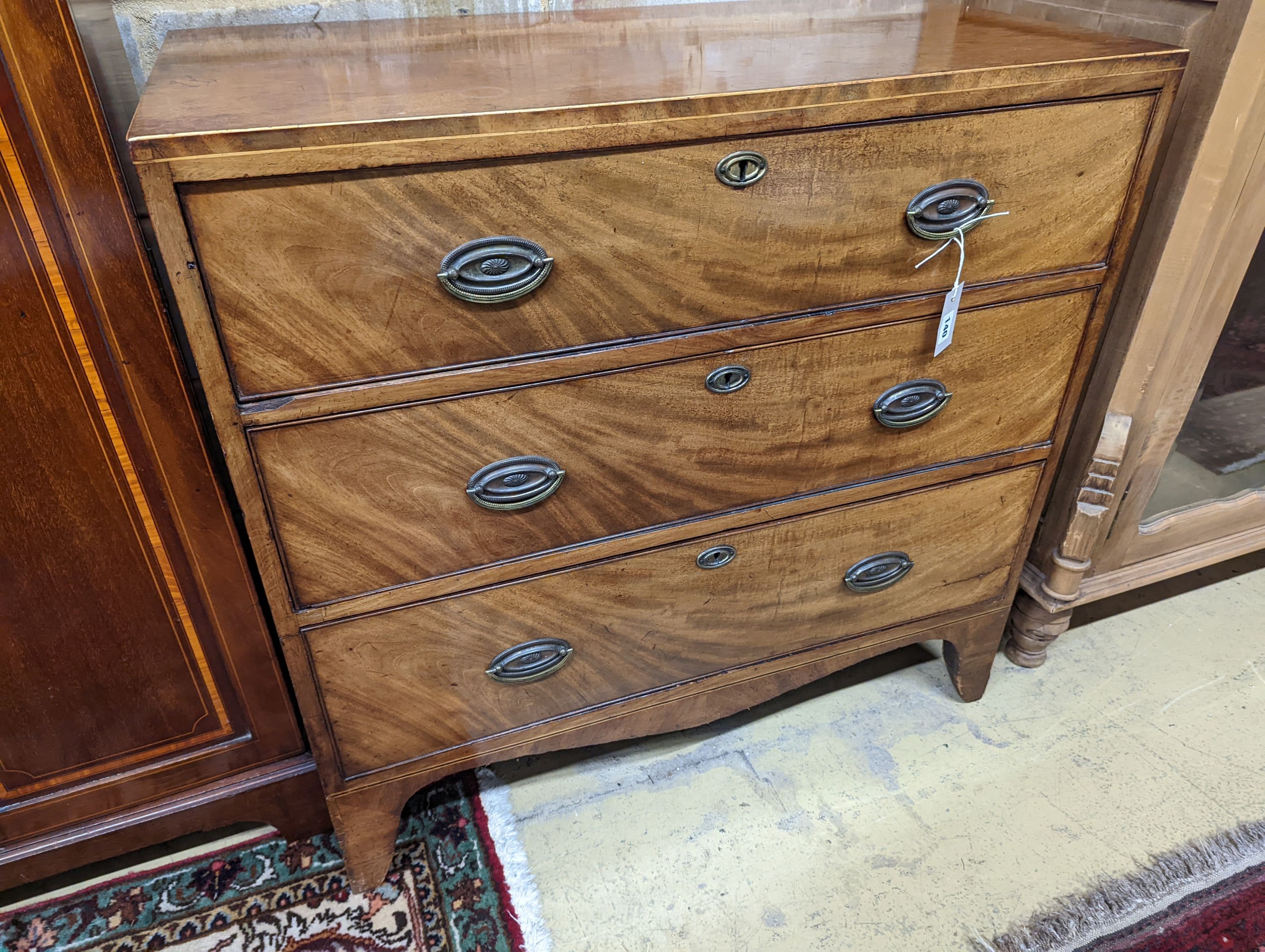 A George III mahogany three drawer chest, width 91cm, depth 50cm, height 88cm